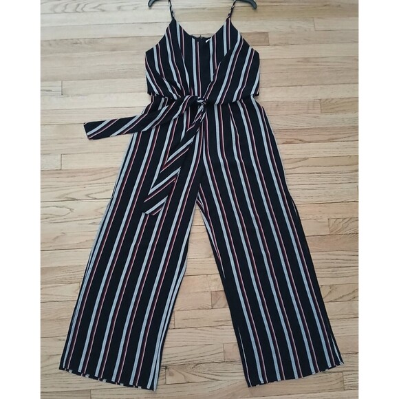 Monteau Los Angeles Women's XL Wide Leg Long Side Slits Jumpsuit Romper Pinstrip - Picture 1 of 8